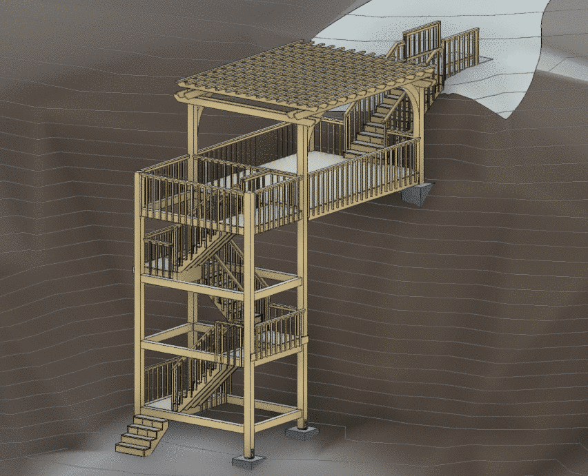 Modelled stair and access tower structure with multiple flights, platforms, railings, and supports.