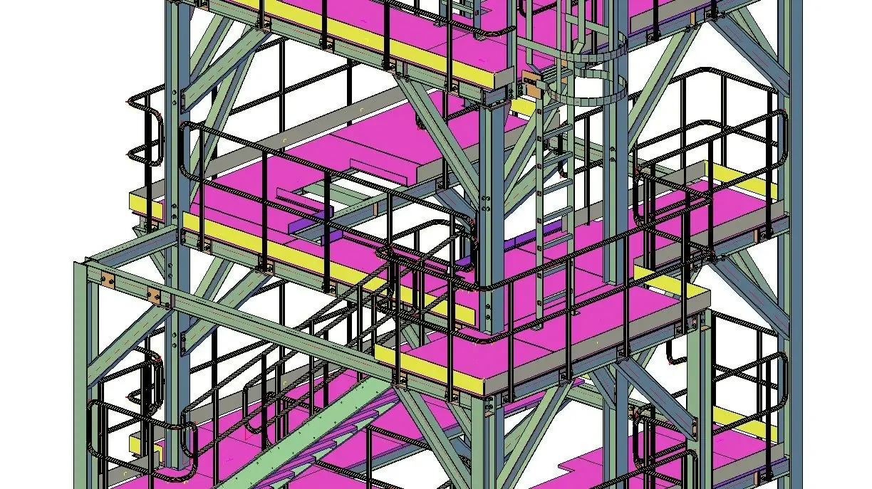 Closer view of the sand chute support tower showing steel framing, platform connections, and guardrails.