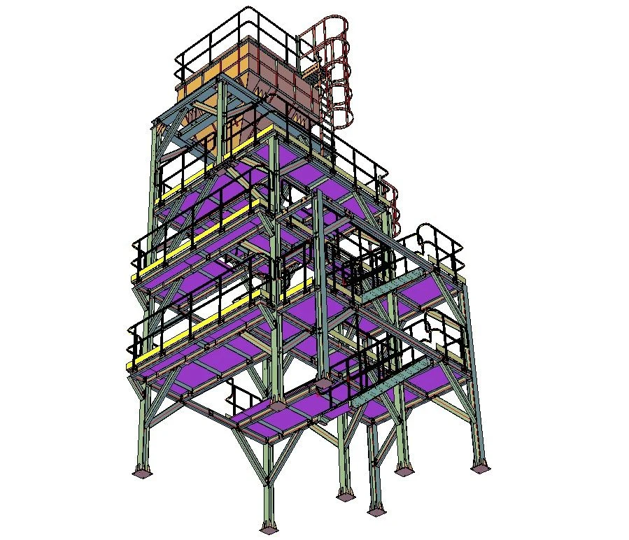 Full view of the multi-level sand chute support tower with platforms, stairs, bracing, railings, and base plates.