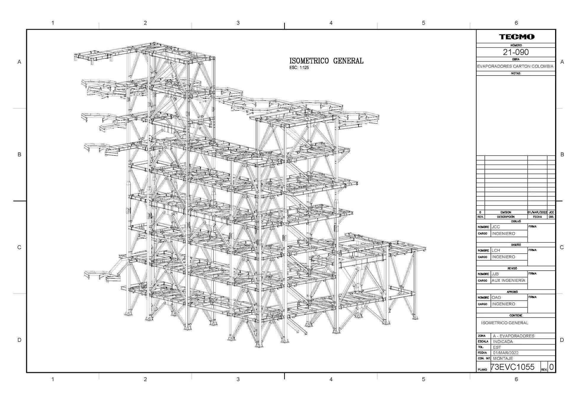 Isometric braced steel structure with stacked platforms, beams, columns, and diagonal members.