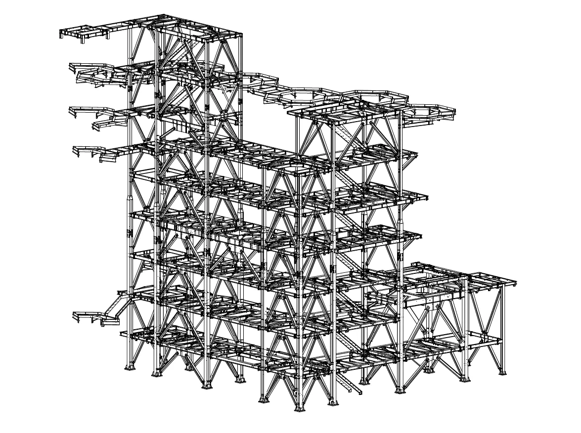 3D steel fabrication model of a multi-level structural assembly.