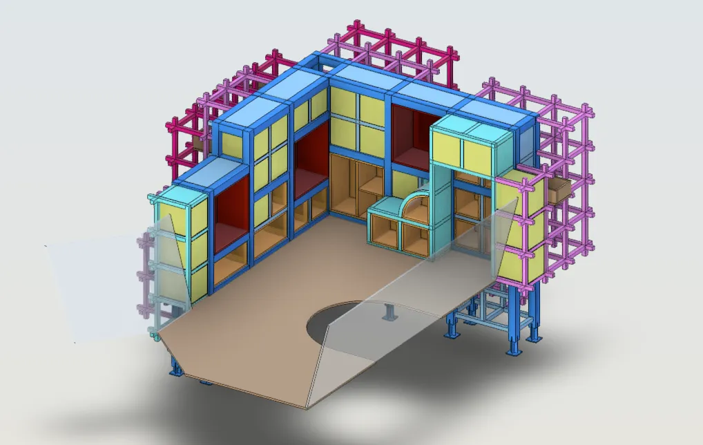 Colour-coded BIM structural model showing coordinated building zones and framing.