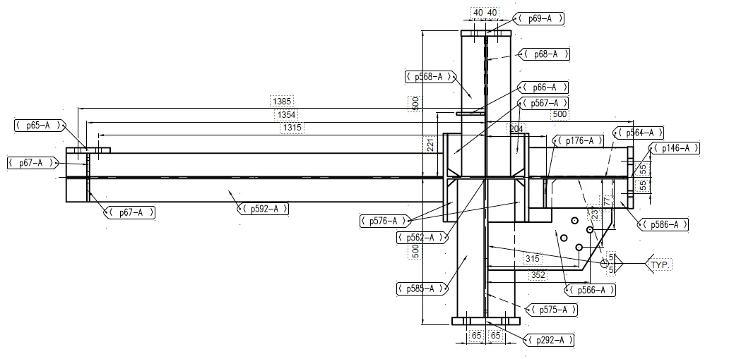 Industrial steel assembly drawing showing dimensions, labels, and part details for fabrication.