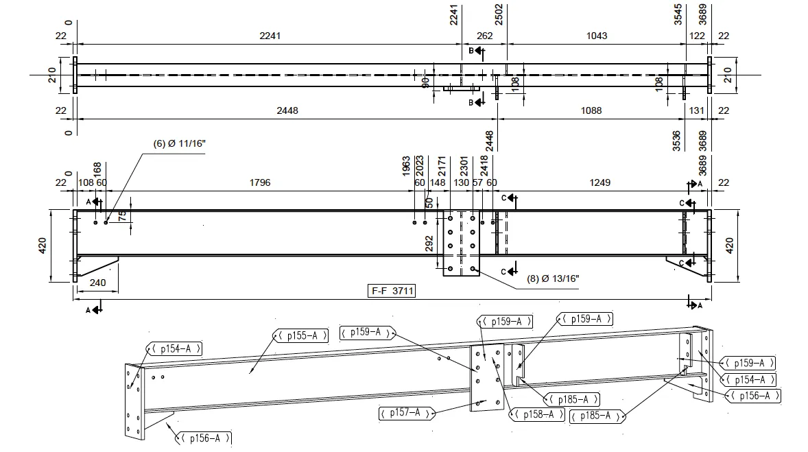 Steel beam fabrication detail showing dimensions, bolt holes, and cross-sectional specifications.