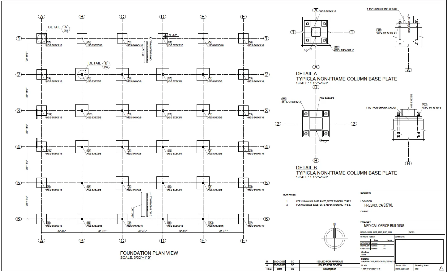Foundation plan and base plate details for the two-story medical office building in Fresno, California.