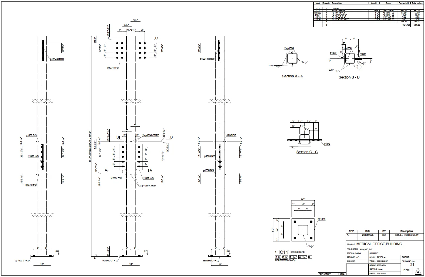Column C11 fabrication drawing showing elevations, welds, and steel connection details for the Fresno project.