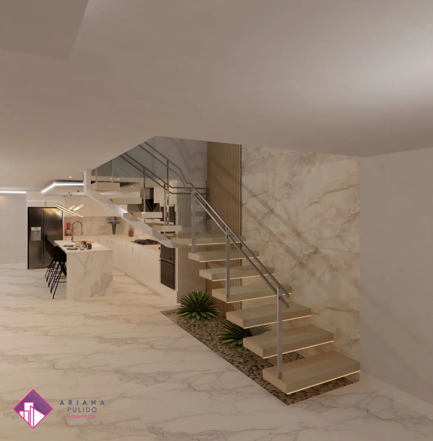 Remodeled residential interior showing the coordinated small-space layout and stair access.