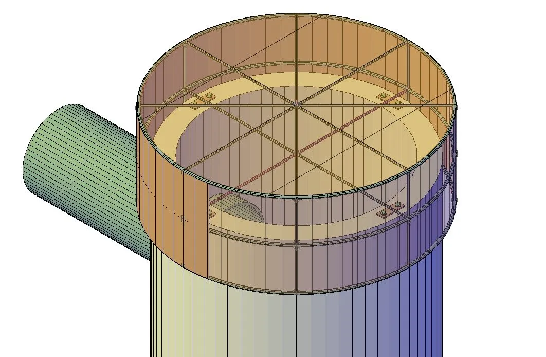 3D model of the stainless steel lake intake screen assembly for submerged water infrastructure.