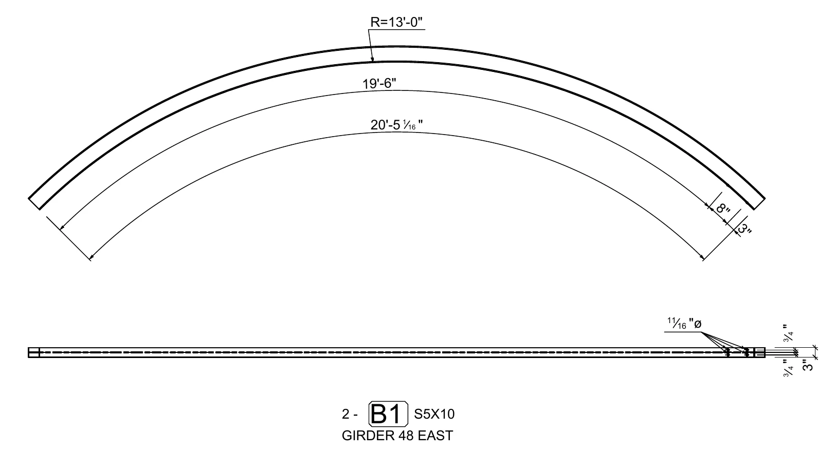 Single curved steel girder piece drawing showing a 13-foot radius, developed lengths, and end detailing.